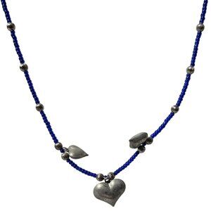 Silver Tone Heart Charm Blue Seed Beaded Necklace Love Fashion Jewelry Women